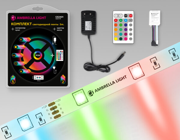 GS2401 GS2401 5050 30Led/ 7.2W m/ 12V IP20 RGB/ 5000*10*1.87mm (4 конт.) комплект