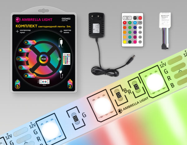 GS2402 GS2402 5050 60Led/ 14.4W m/ 12V IP20 RGB/ 5000*10*1.87mm (4 конт.) комплект