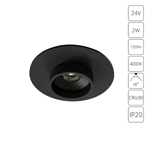 0-1037 A6184PL-1BK СВЕТИЛЬНИК ЮВЕЛИРНЫЙ ВСТРАИВАЕМЫЙ PRESTO 24В 2Вт 150лм 4000К 90+ 38°