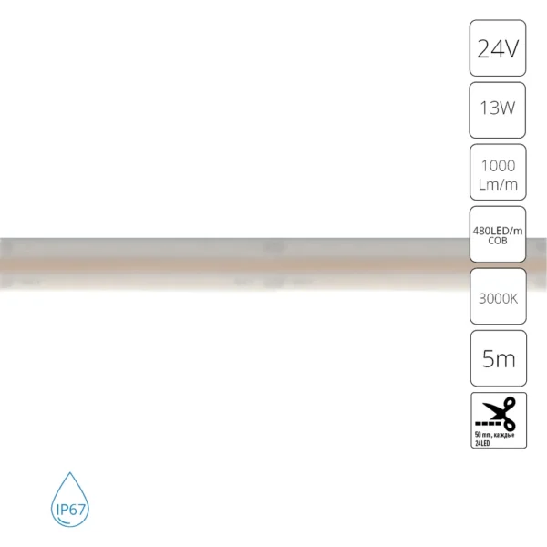 0-1121 A2448010-01-3K Светодиодная лента 24В 13Вт/м 1000Лм/м 3000К 90+ 10мм COB 480шт/м 5м IP67