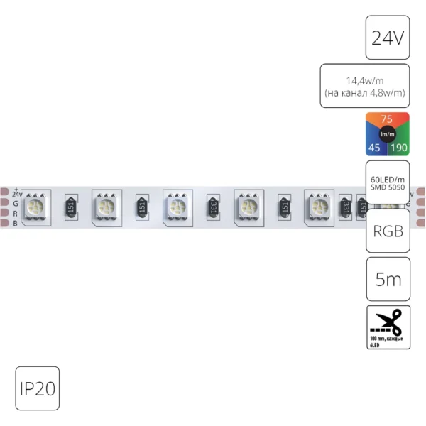 0-1129 A2406010-01-RGB Светодиодная лента 24В 14,4Вт/м (на канал 4,8Вт/м) RGB 90+ 10мм SMD5050 60шт/м 5м IP20