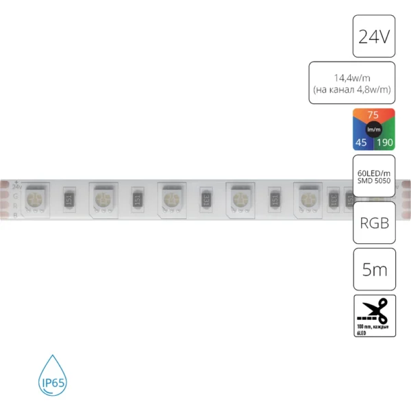 0-1130 A2406010-02-RGB Светодиодная лента 24В 14,4Вт/м (на канал 4,8Вт/м) RGB 90+ 10мм SMD5050 60шт/м 5м IP65