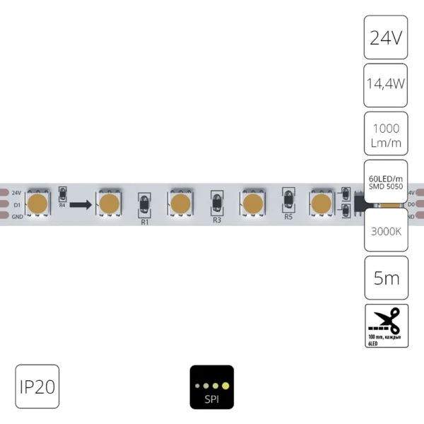 0-1433 A2406010-03-3K Светодиодная лента SPI 24В 14,4Вт/м 3000К 90+ 10мм SMD5050 60шт/м 5м IP20