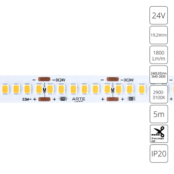 0-2601 A2424010-01-3K Светодиодная лента 24В 19,2Вт/м 1800Лм/м 3000К 90+ 10мм SMD2835 240шт/м 5м IP20