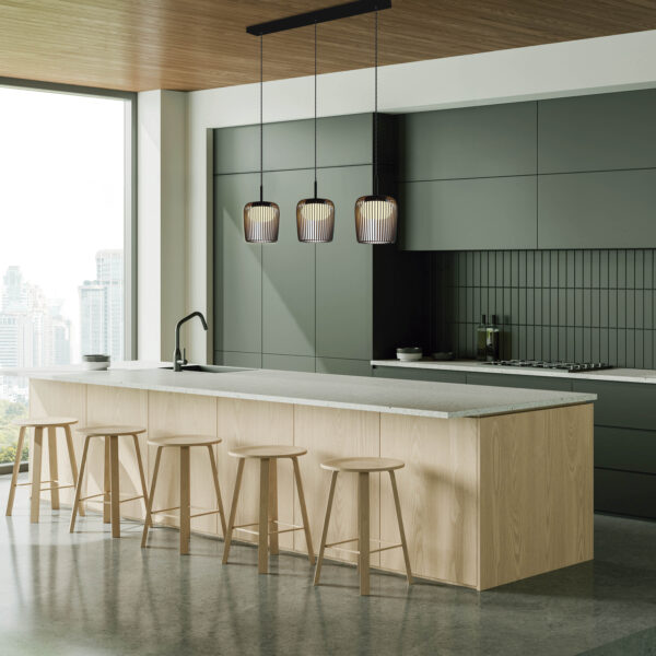 Modern home kitchen interior with bar counter and cabinet, panoramic window 9419 (3L)+9465 Подвесной светильник DUBAI