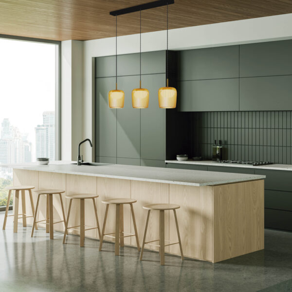 Modern home kitchen interior with bar counter and cabinet, panoramic window 9420 Подвесной светильник без основания DUBAI