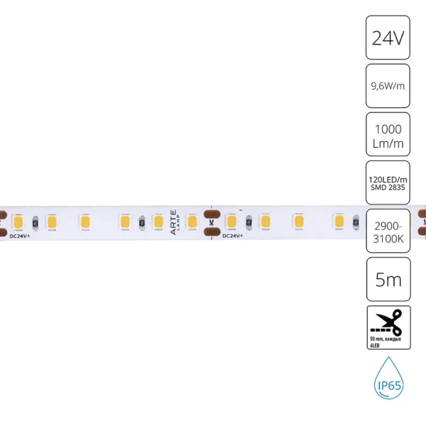 0-71 A2412008-04-3K Светодиодная лента 24В 9,6Вт/м 1000Лм/м 3000К 90+ 8мм SMD2835 120шт/м 5м IP65